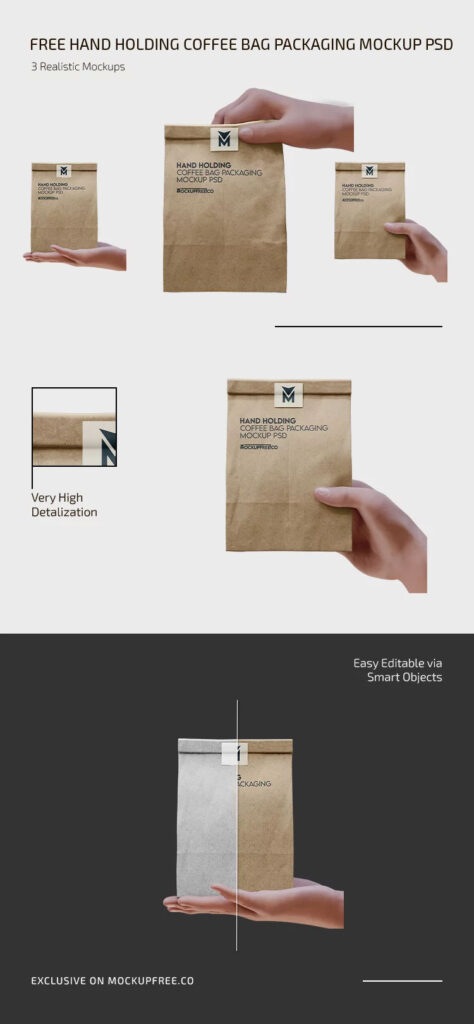 3 Sights of Hand Holding Paper Coffee Bag Mockup