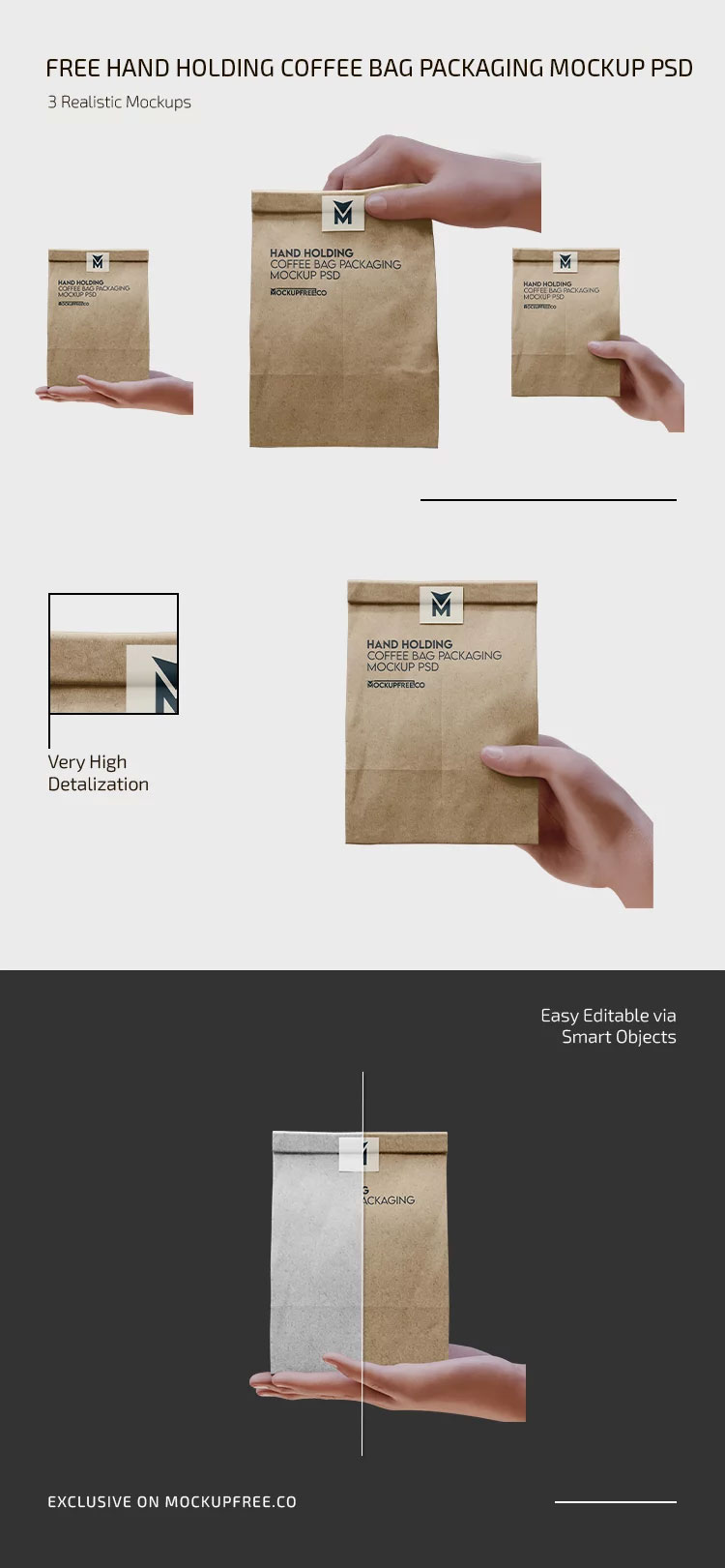 Free 3 Sights of Hand Holding Paper Coffee Bag Mockup PSD Template
