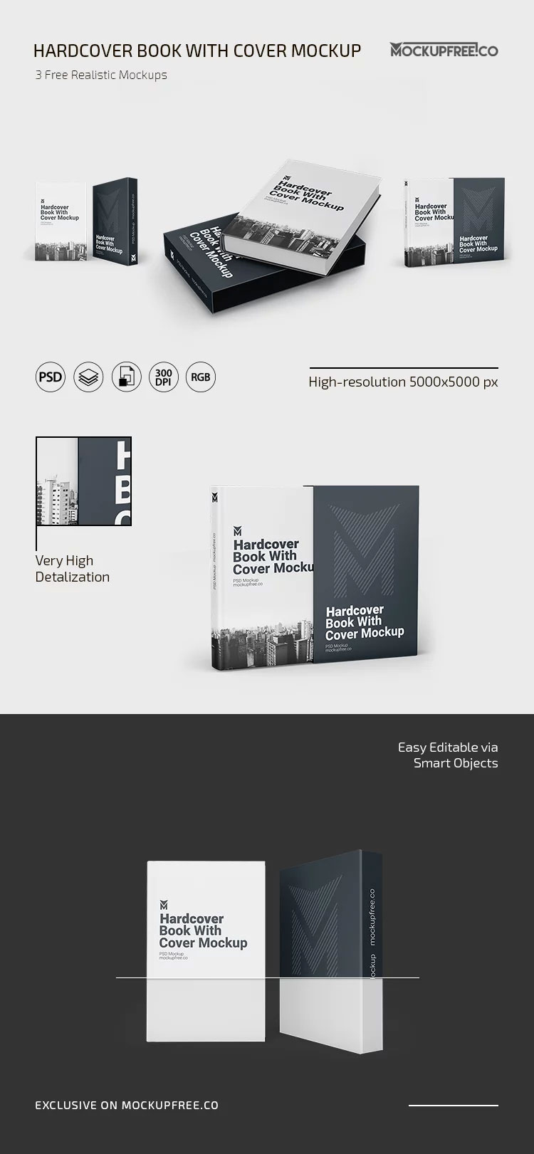 Free 3 Sights of Hardcover Book Mockup with Cover PSD Template