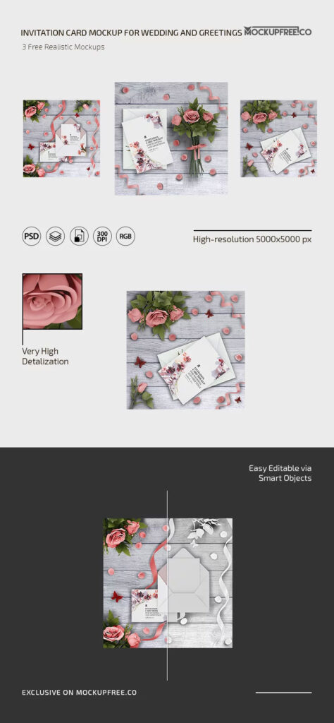 3 Sights of Invitation Card Mockup with Petals