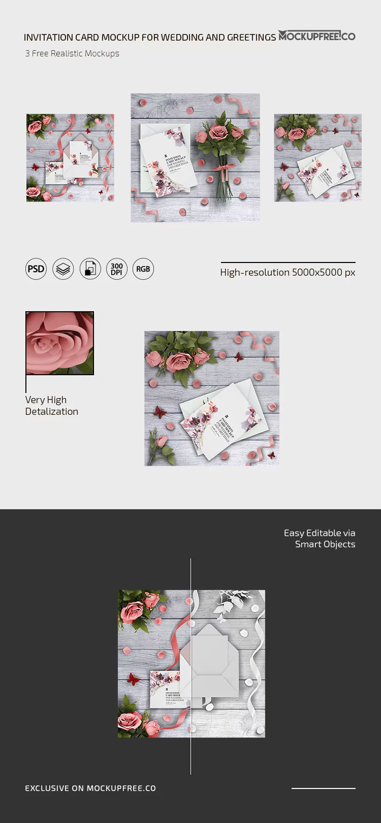 Free 3 Sights of Invitation Card Mockup with Petals PSD Template