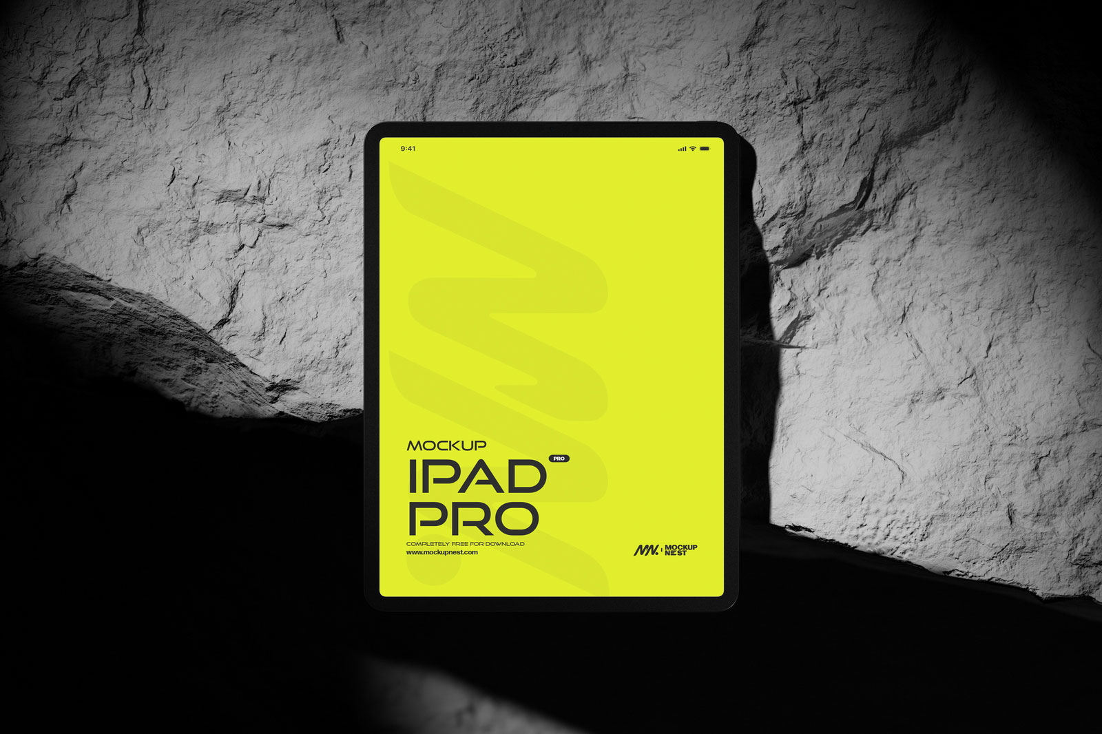 Free 3 Sights of iPad Pro Mockup on Rock PSD Template