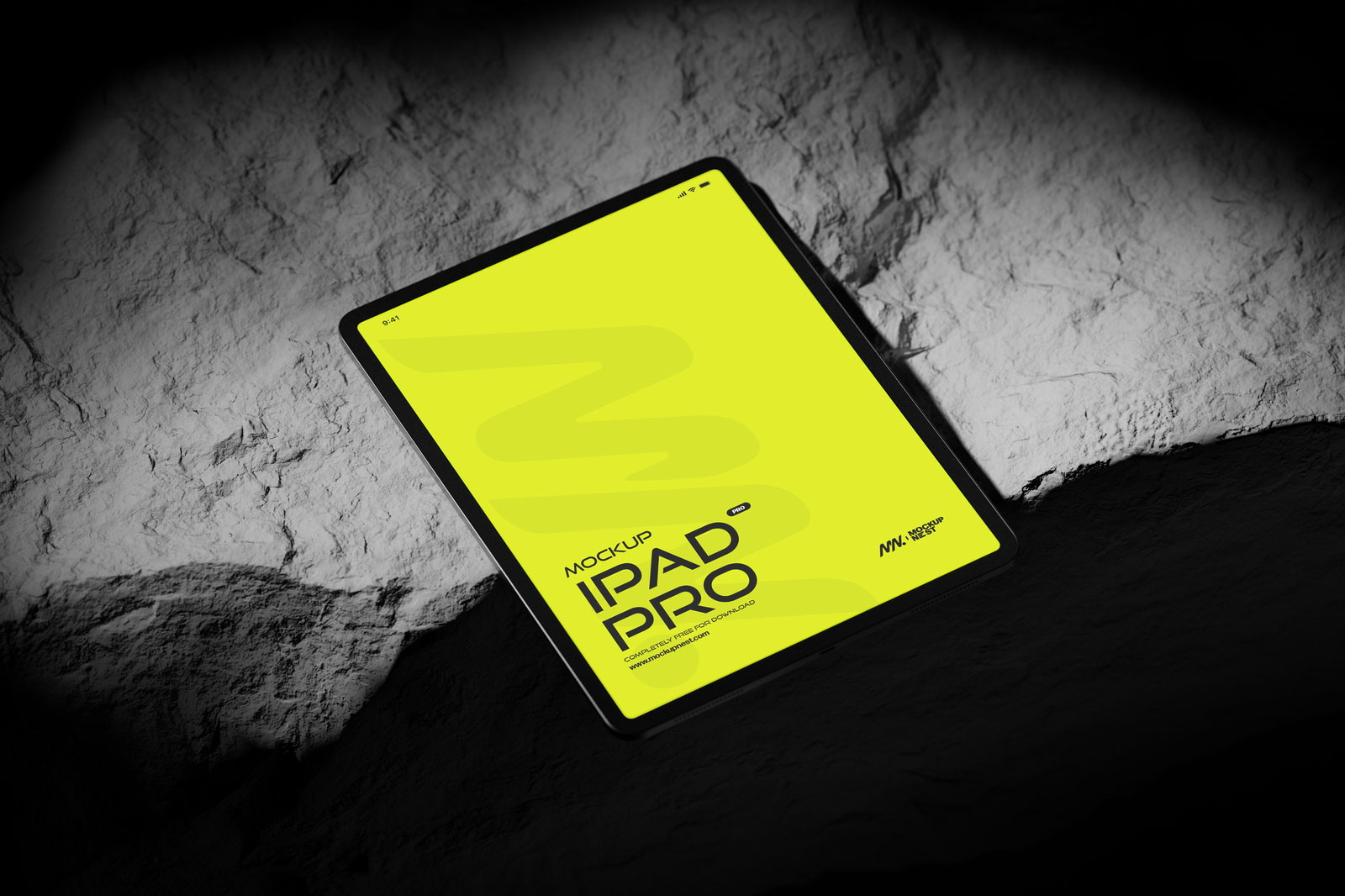 Free 3 Sights of iPad Pro Mockup on Rock PSD Template