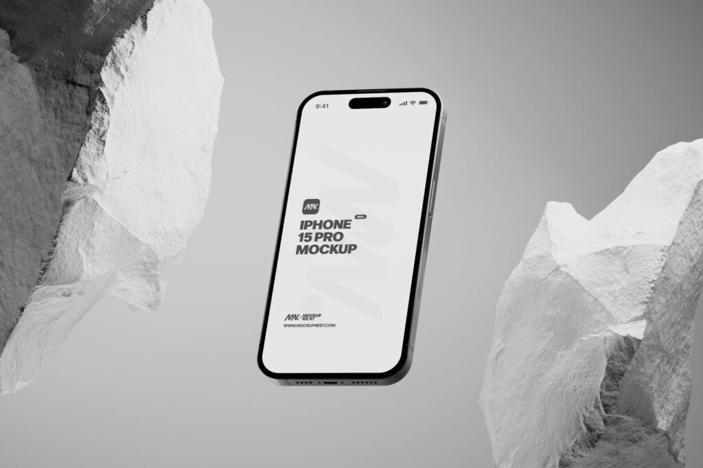 3 Sights of iPhone 15 Pro Mockup with White Rock