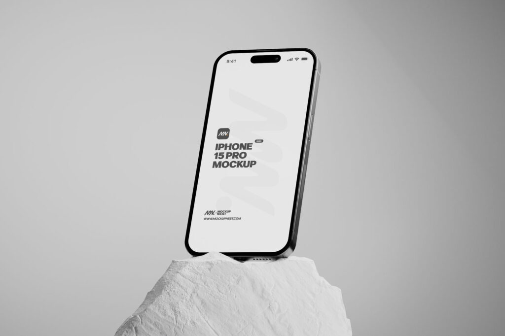 3 Sights of iPhone 15 Pro Mockup with White Rock