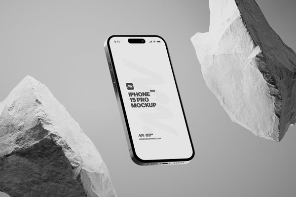 3 Sights of iPhone 15 Pro Mockup with White Rock