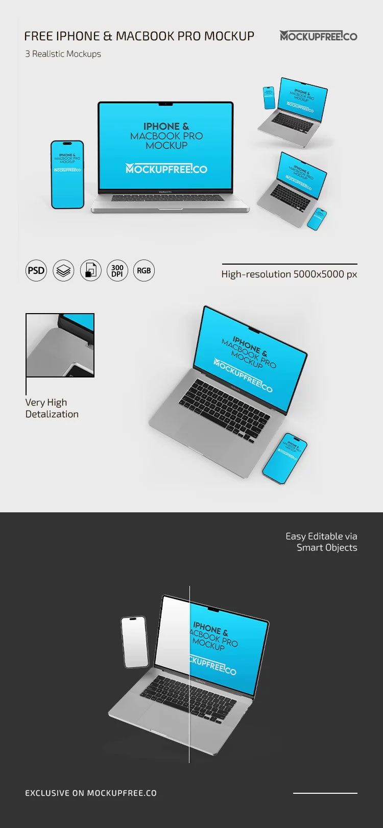 Free 3 Sights of iPhone and MacBook Pro Mockup PSD Template