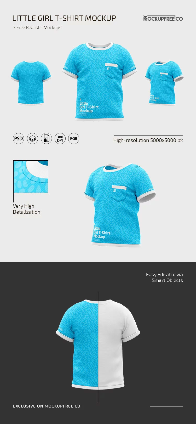 Free 3 Sights of Little Girl T Shirt Mockup PSD Template