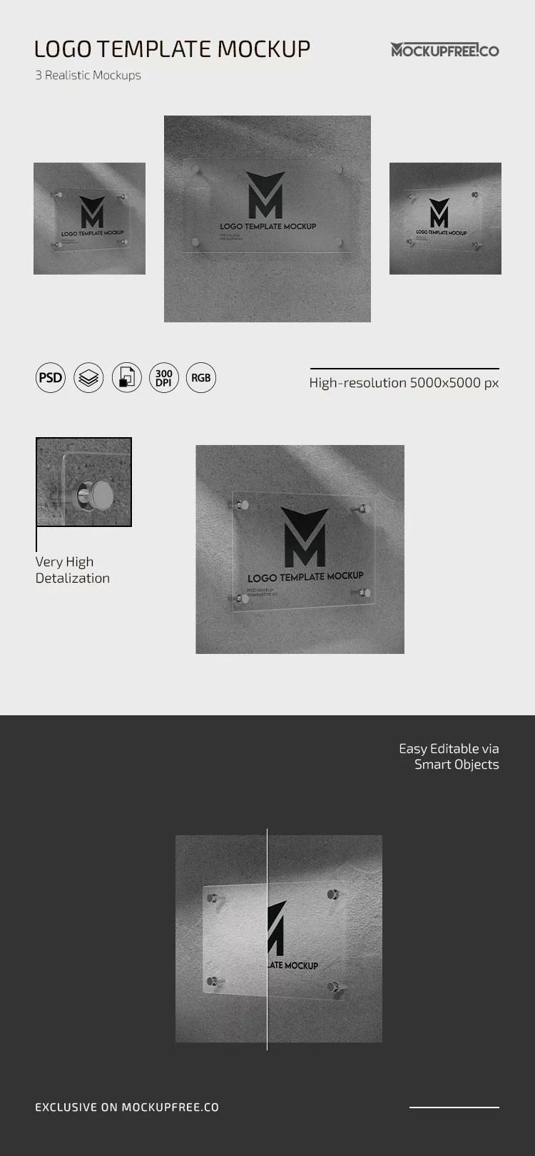 Free 3 Sights of Logo Mockup on Matte Glass Plate PSD Template
