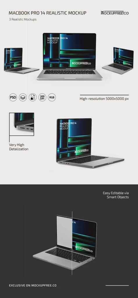 3 Sights of MacBook Pro 14 Mockup