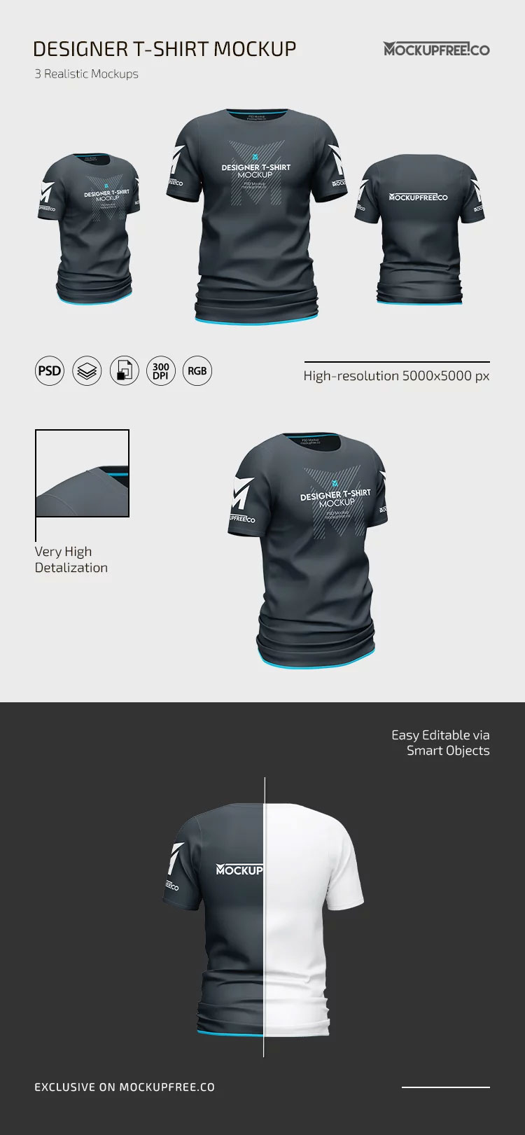 Free 3 Sights of Mens T Shirt Mockup PSD Template