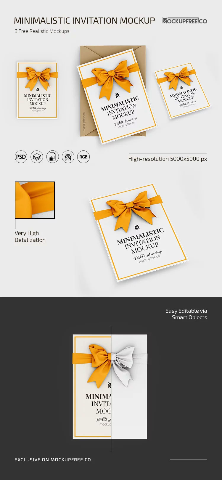 Free 3 Sights of Minimalistic Invitation Mockup PSD Template