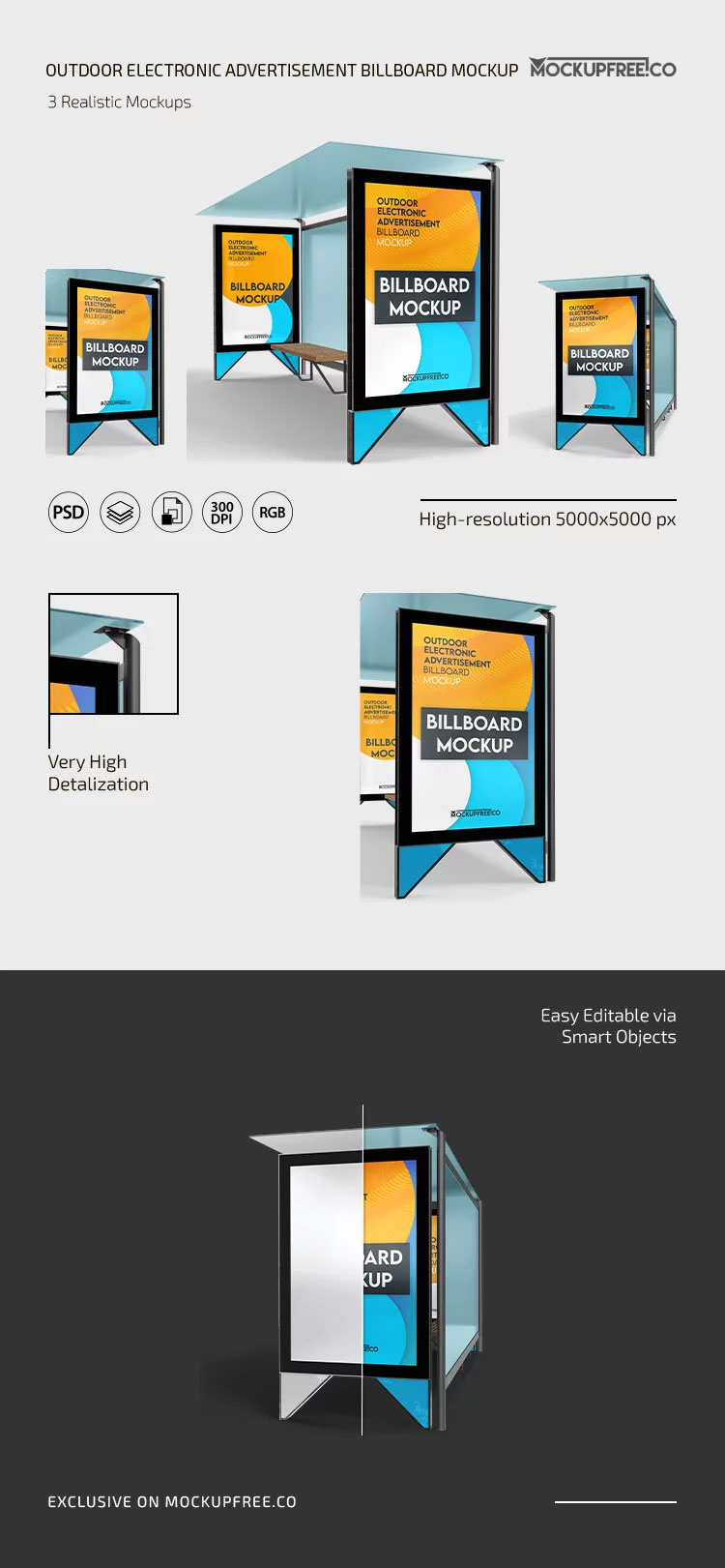 Free 3 Sights of Outdoor Electronic Advertisement Billboard Mockup PSD Template