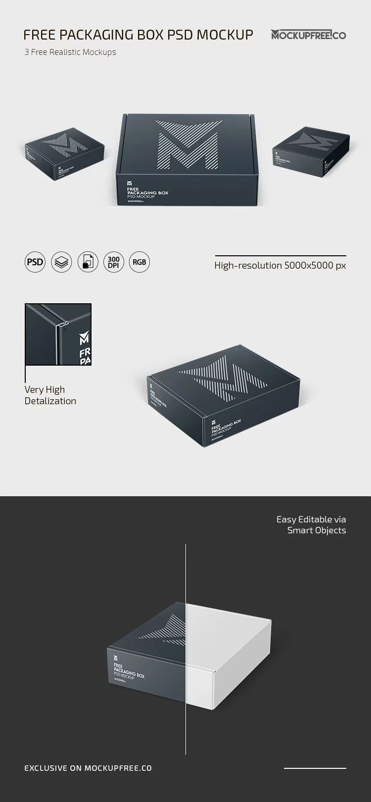 Free 3 Sights of Packaging Box Mockup PSD Template