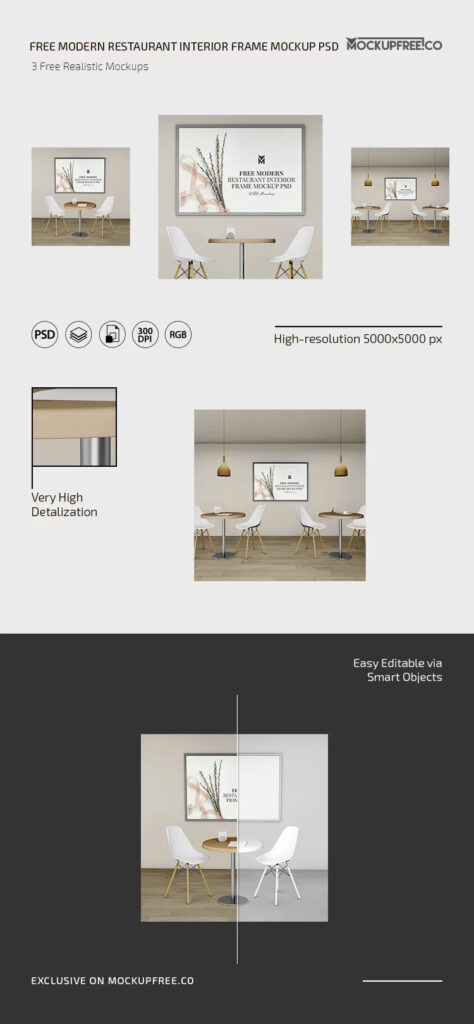 3 Sights of Restaurant Interior Frame Mockup