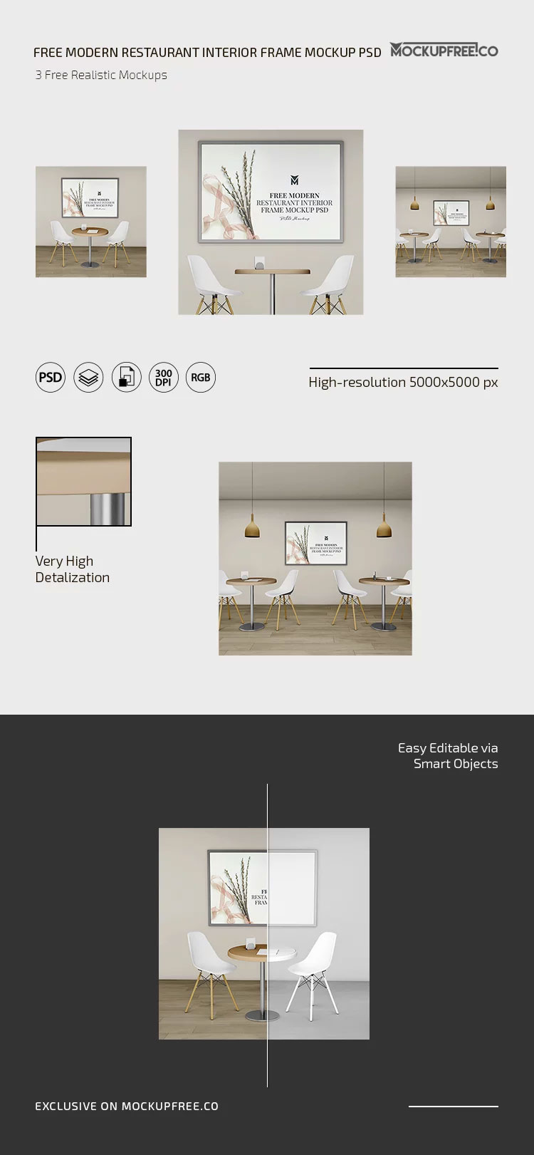 Free 3 Sights of Restaurant Interior Frame Mockup PSD Template