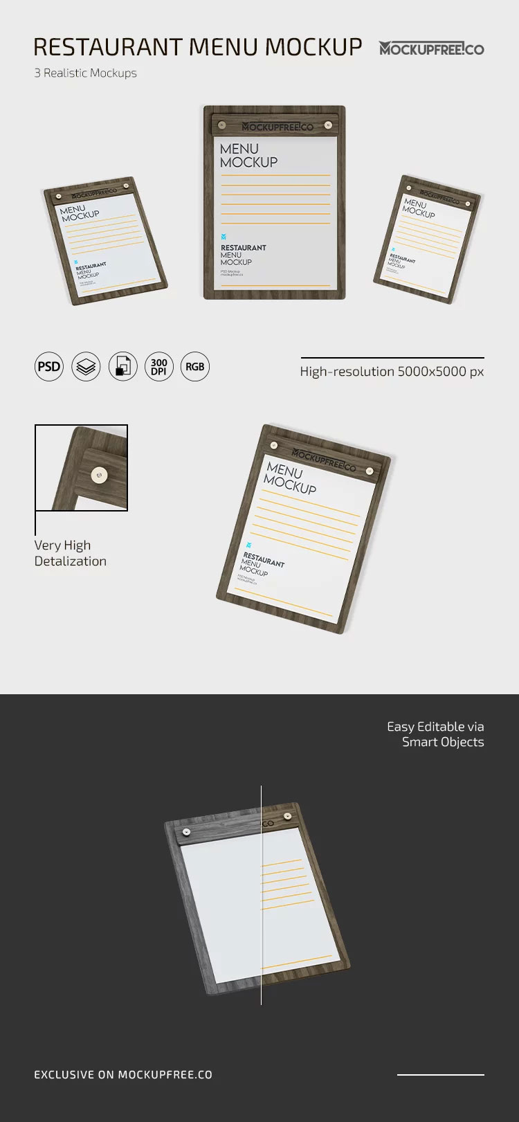 Free 3 Sights of Restaurant Menu Mockup PSD Template