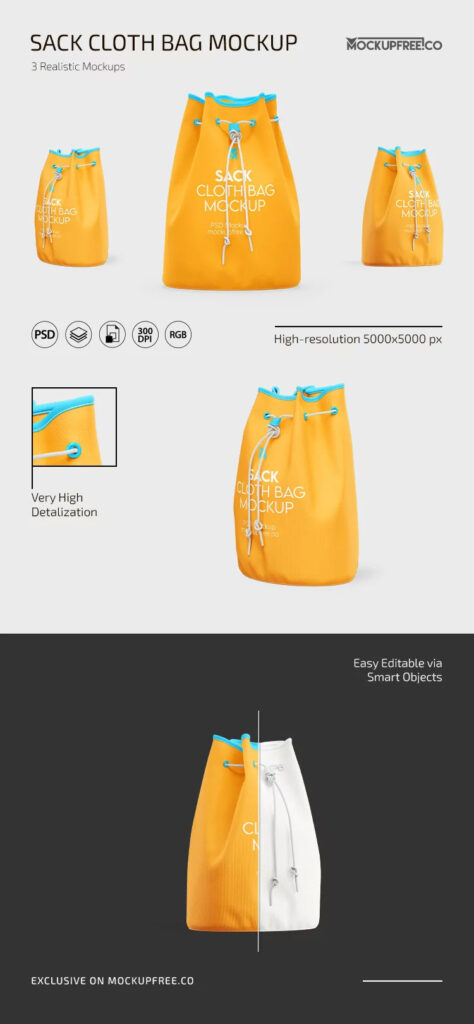 3 Sights of Sack Cloth Bag Mockup
