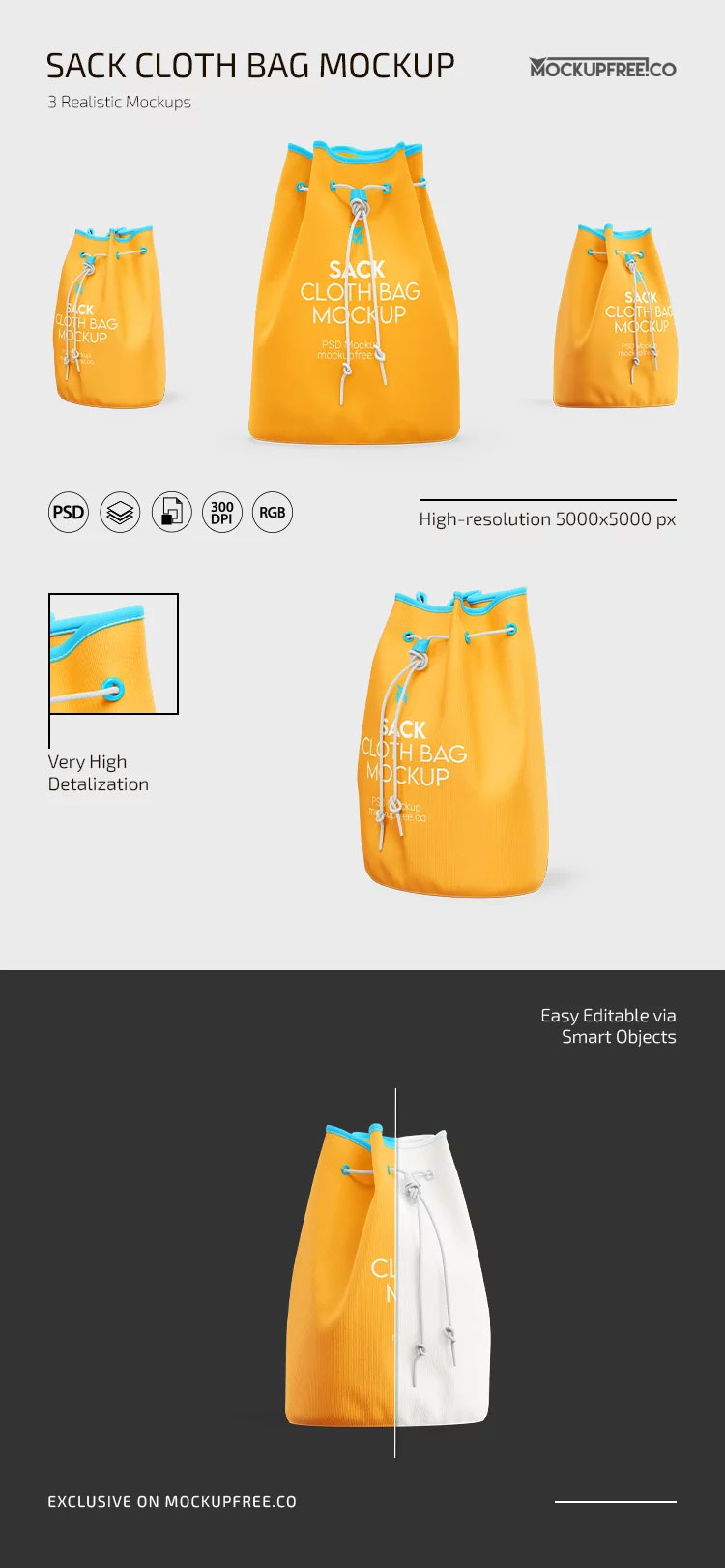 Free 3 Sights of Sack Cloth Bag Mockup PSD Template