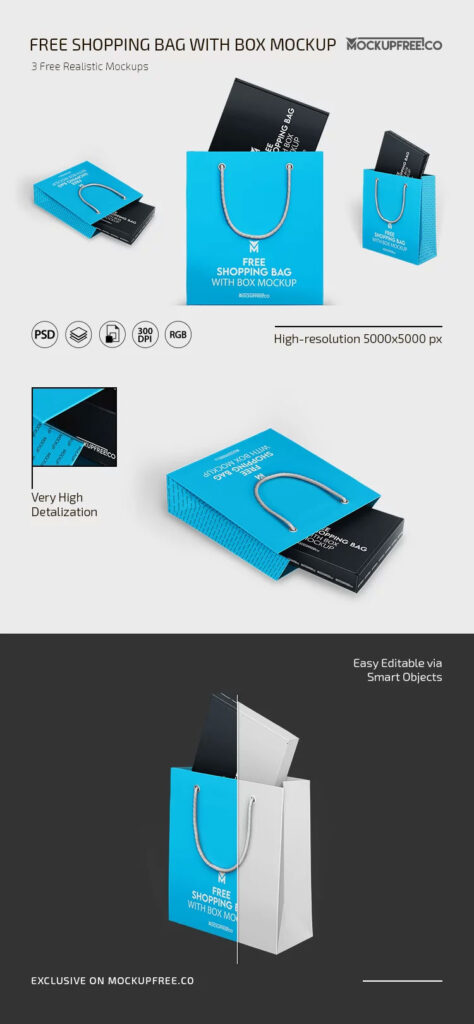 3 Sights of Shopping Bag Mockup with Box