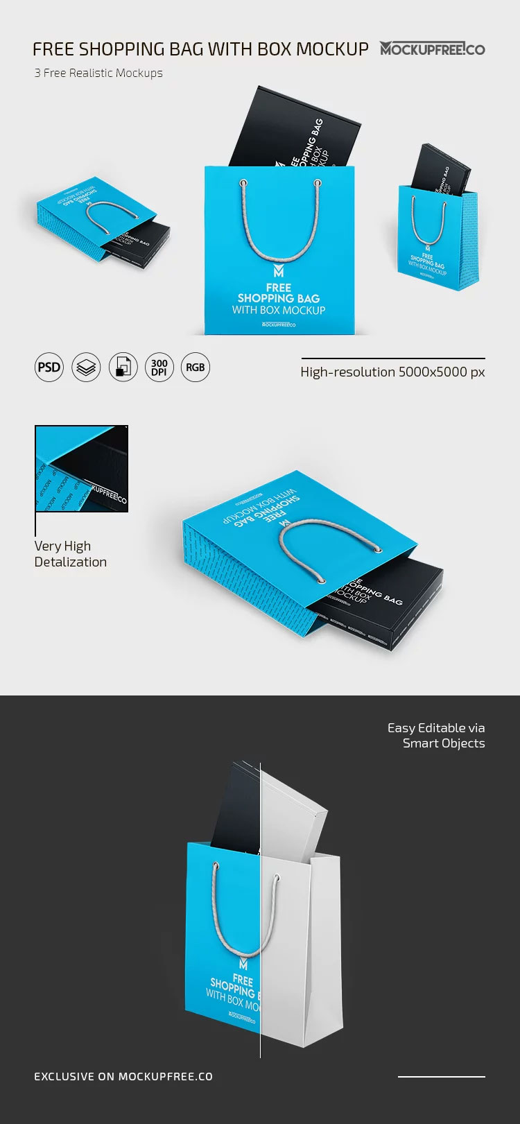 Free 3 Sights of Shopping Bag Mockup with Box PSD Template
