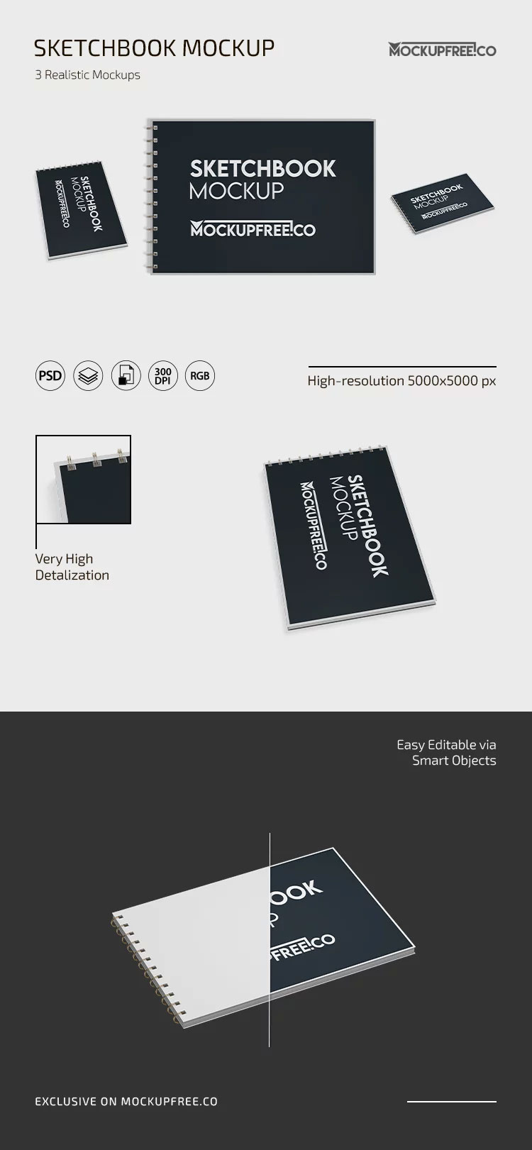 Free 3 Sights of Sketchbook Mockup PSD Template