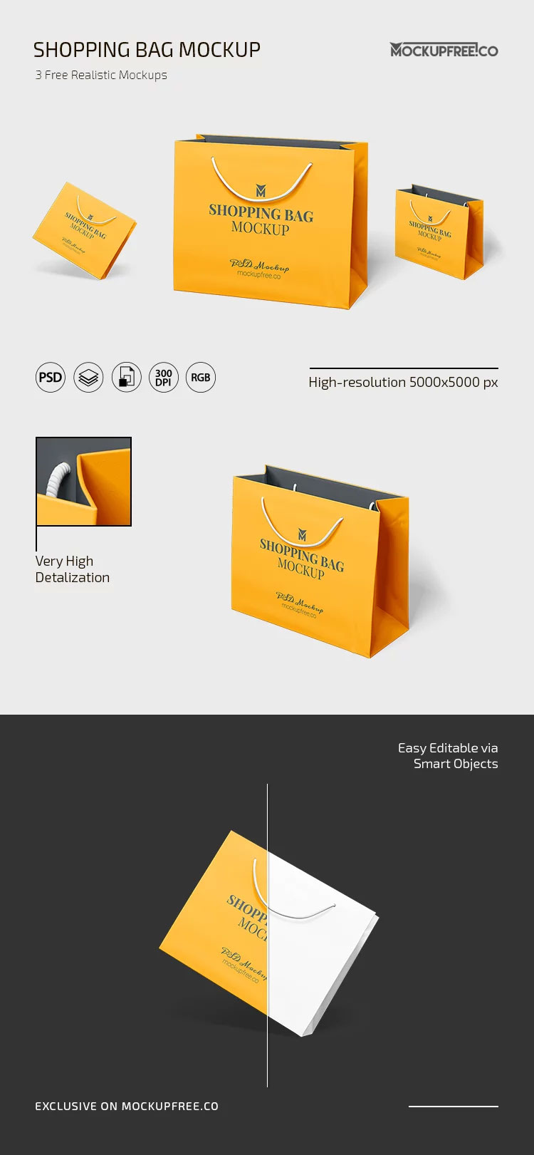 Free 3 Sights of Square Shopping Bag Mockup PSD Template
