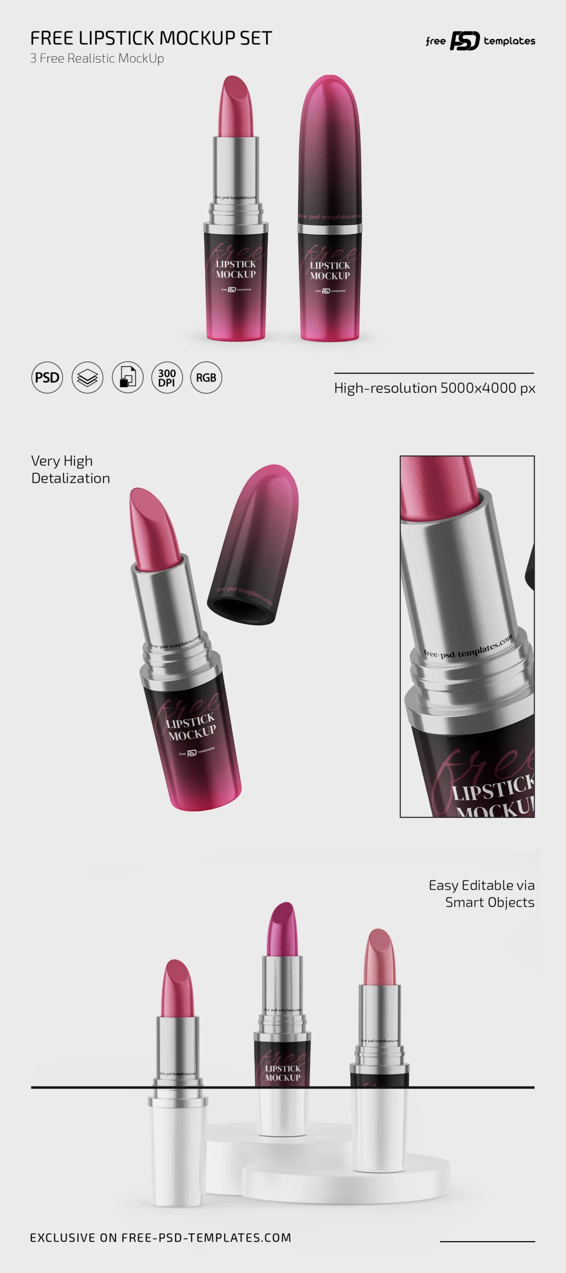 Free 3 Sights of Twist-up Lipstick Tube Mockup PSD Template