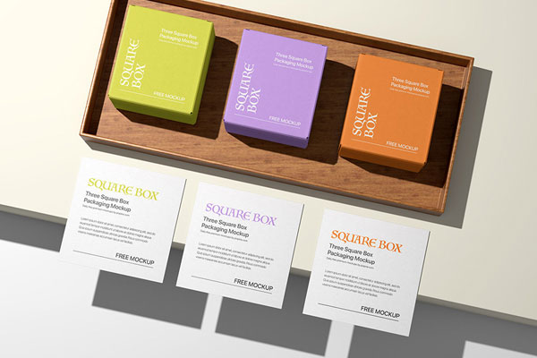 3 Square Boxes Mockup with Cards in Top View