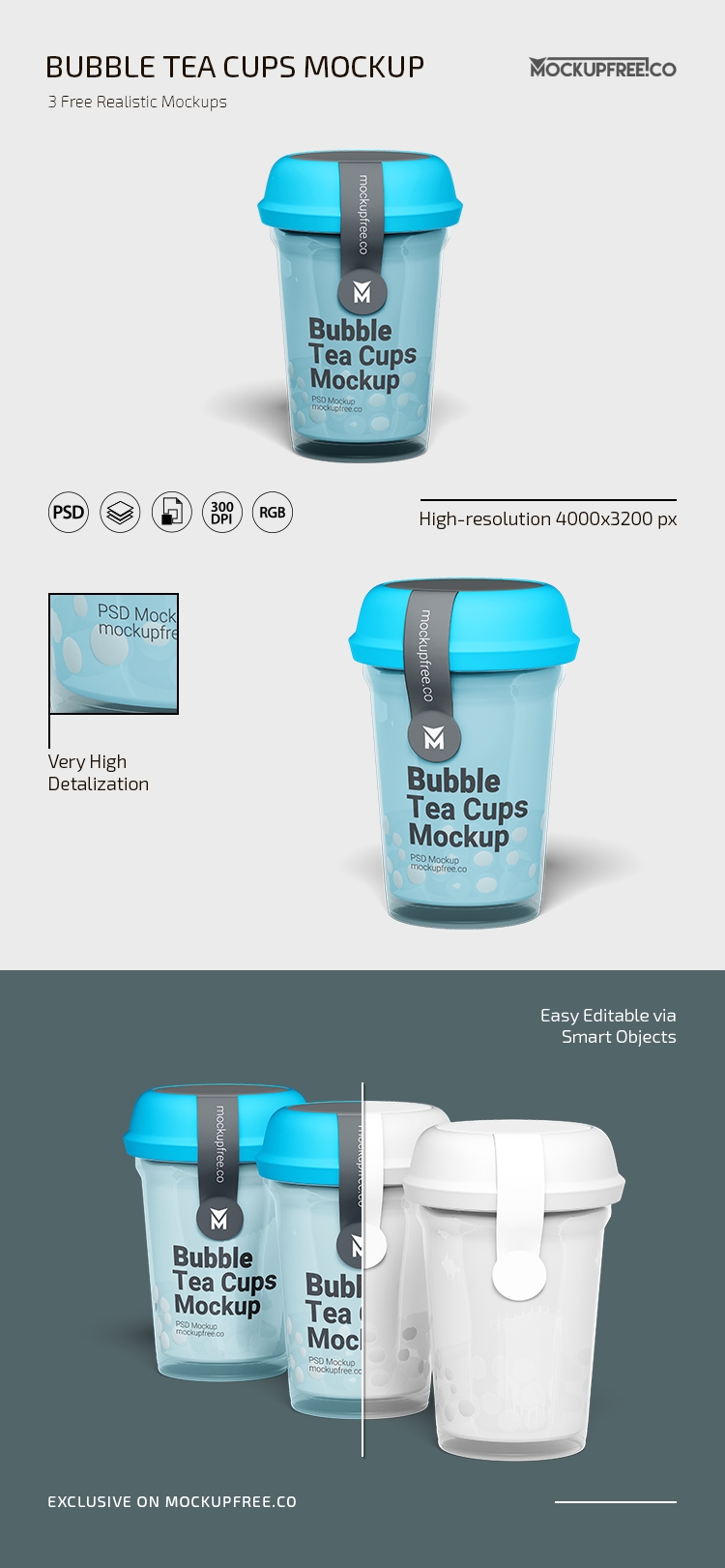 3 Standing Bubble Tea Cup Mockups in Various Shots FREE PSD