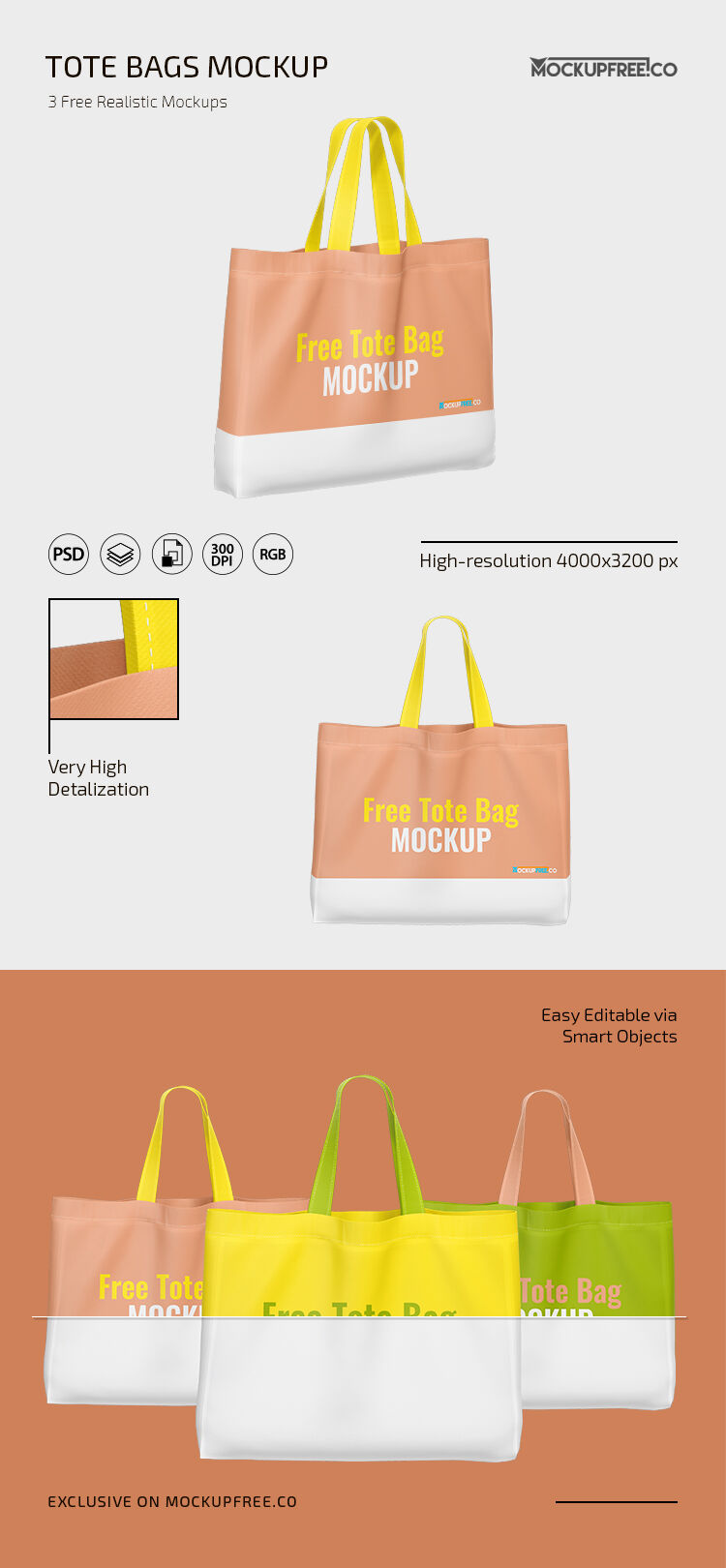 3 Tote Bag Mockups in Different Views FREE PSD