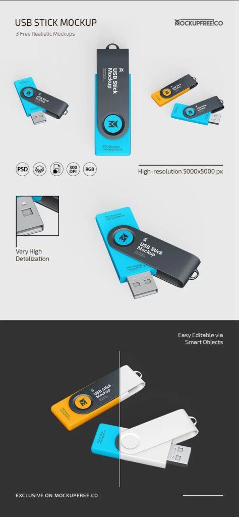 3 USB Stick Mockups in Various Sights