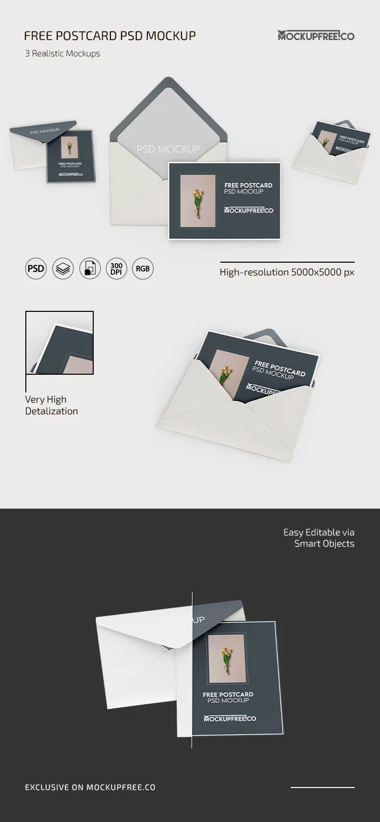 Free 3 View of Postcard Mockup PSD Template