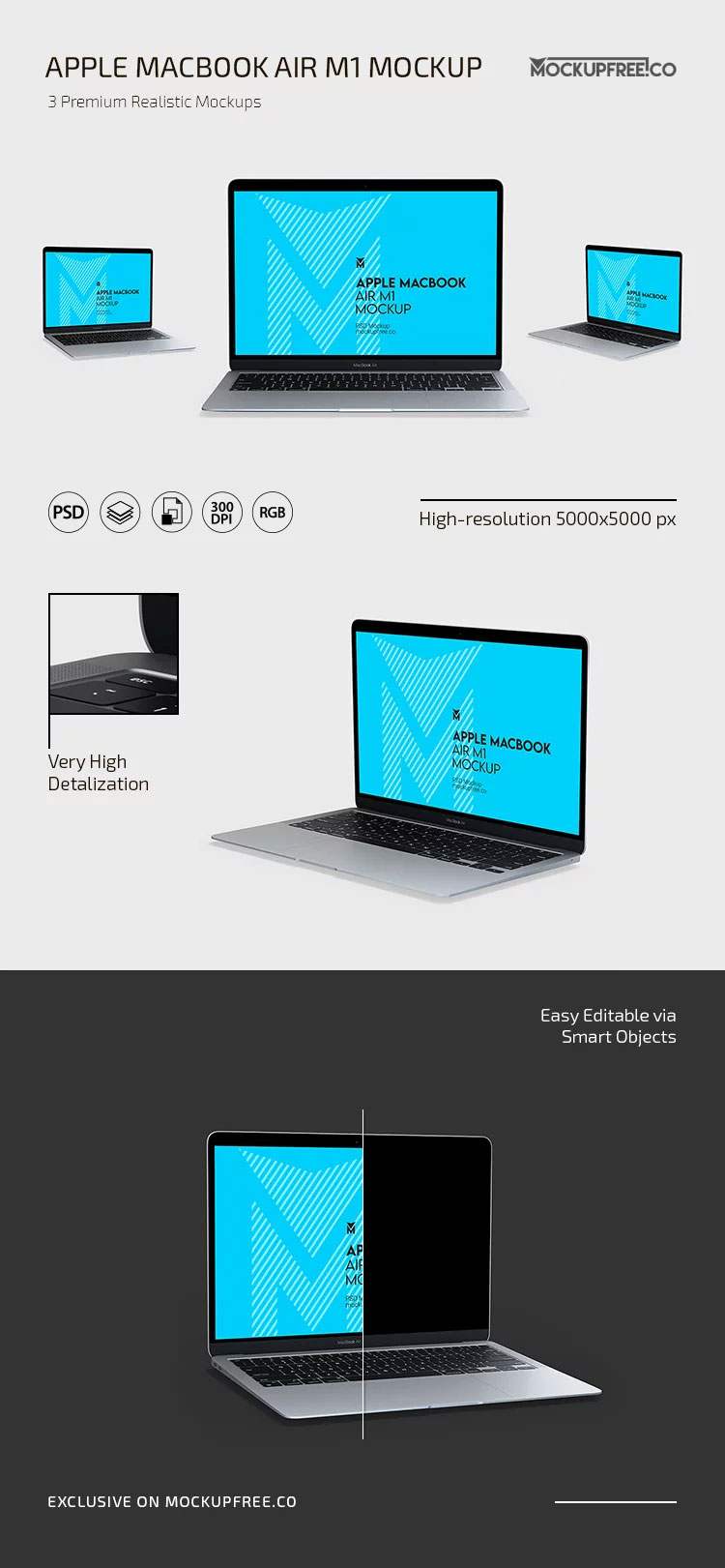 Free 3 Views of Apple MacBook Air M1 Mockup PSD Template