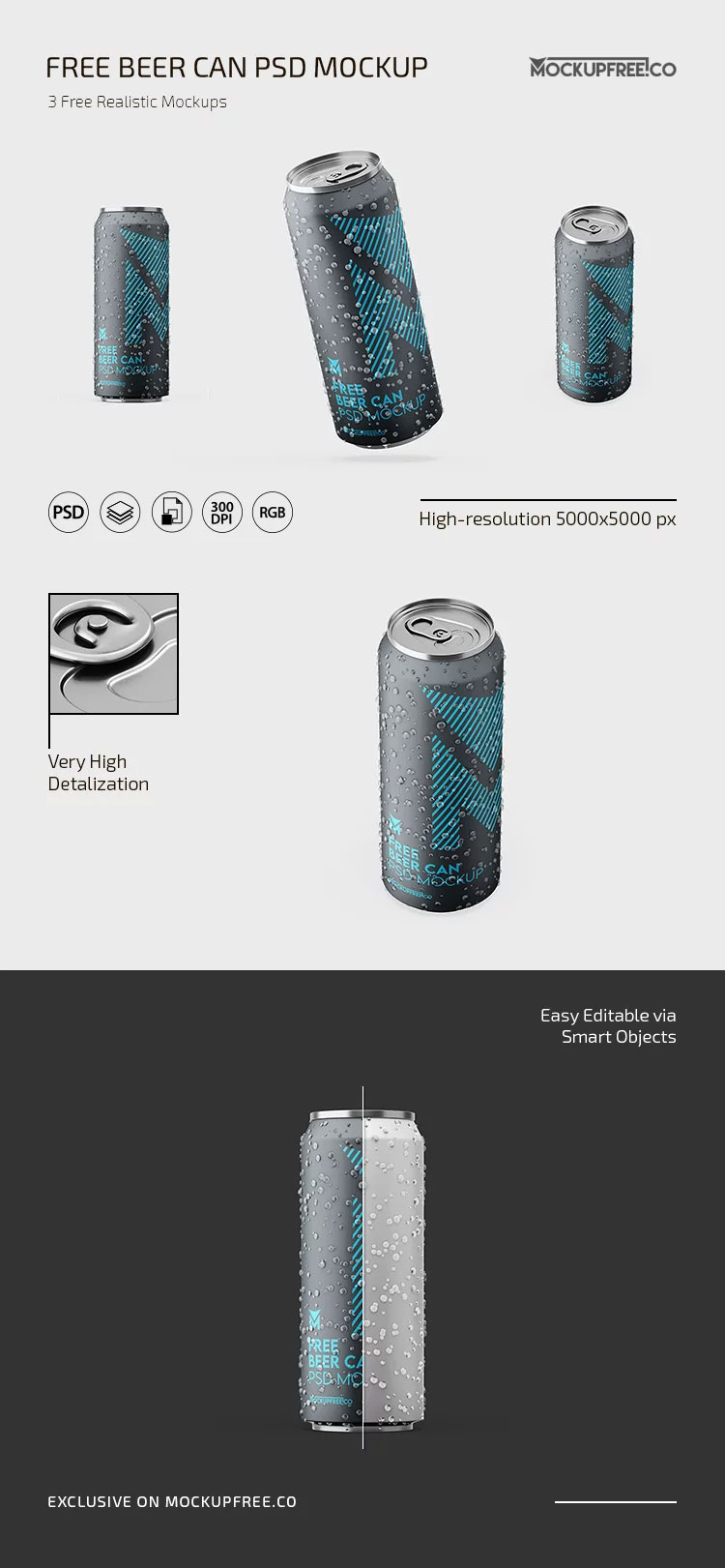 Free 3 Views of Beer Can Mockup PSD Template