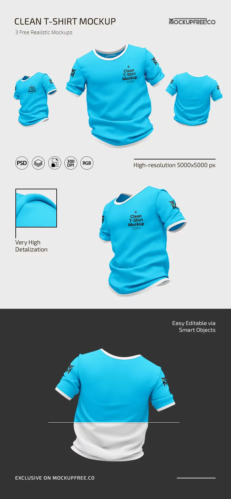 Free 3 Views of Blue T-Shirt Mockup PSD Template