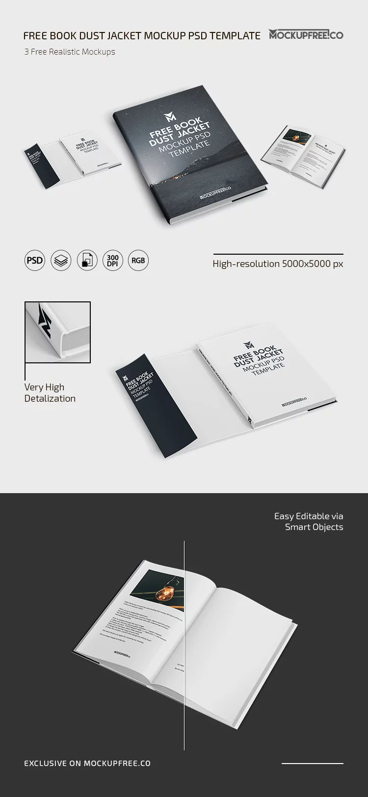 Free 3 Views of Book Dust Jacket Mockup PSD Template