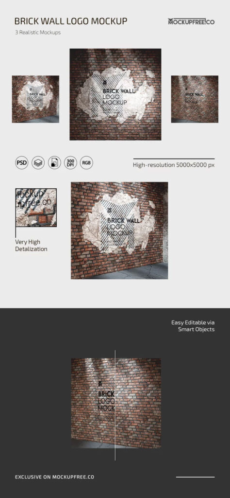 3 Views of Brick Wall Logo Mockup