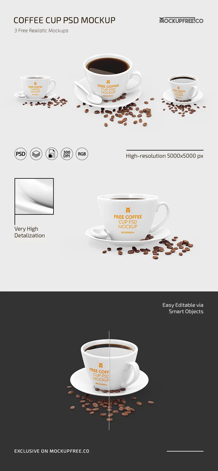 Free 3 Views of Coffee Cup Mockup with Coffee Beans PSD Template