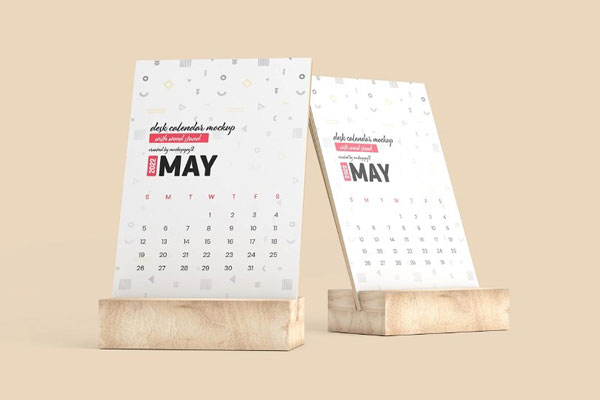 3 Views of Desk Calendar Mockup with Wood Stand