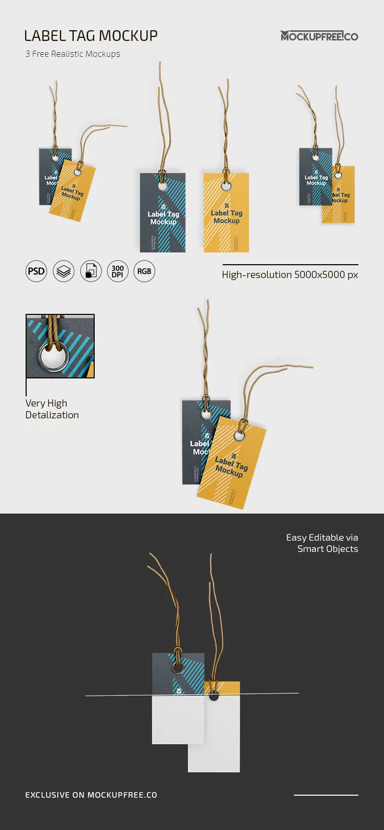 Free 3 Views of Label Tag Mockup PSD Template