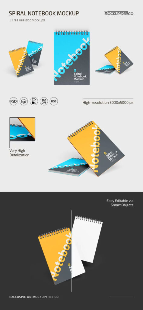 3 Views of Spiral Notebook Mockup