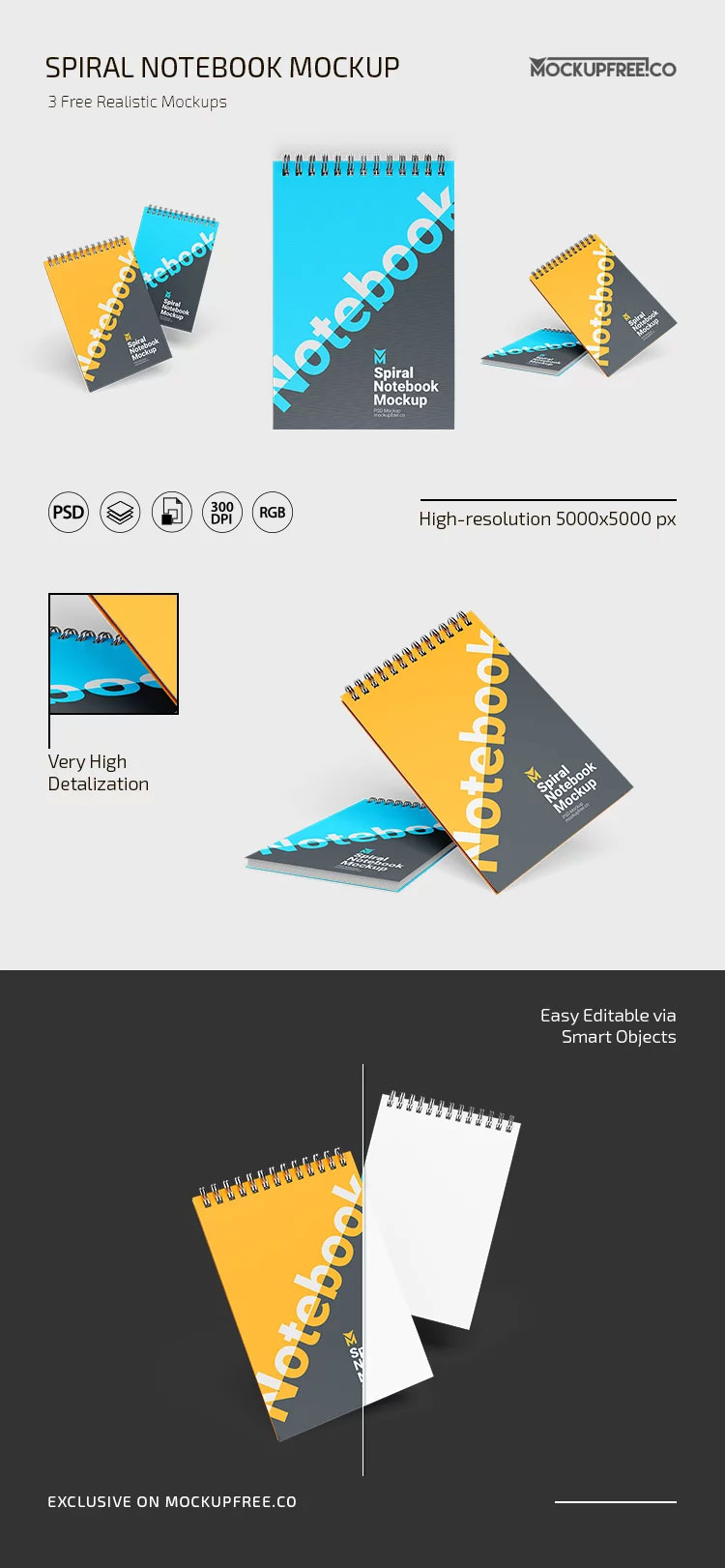 Free 3 Views of Spiral Notebook Mockup PSD Template
