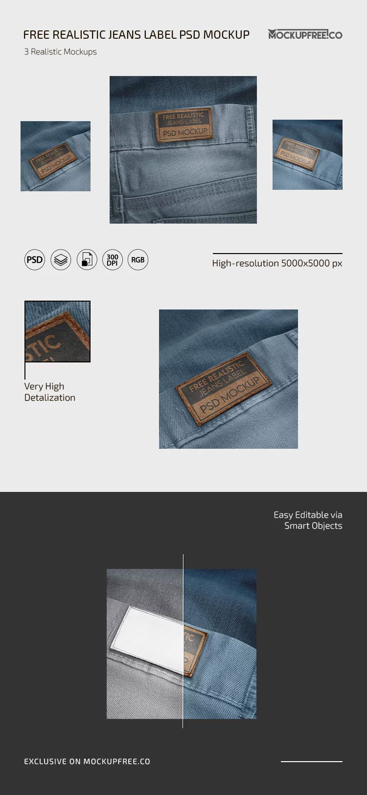 Free 3 Visions of Jeans Label Mockup PSD Template
