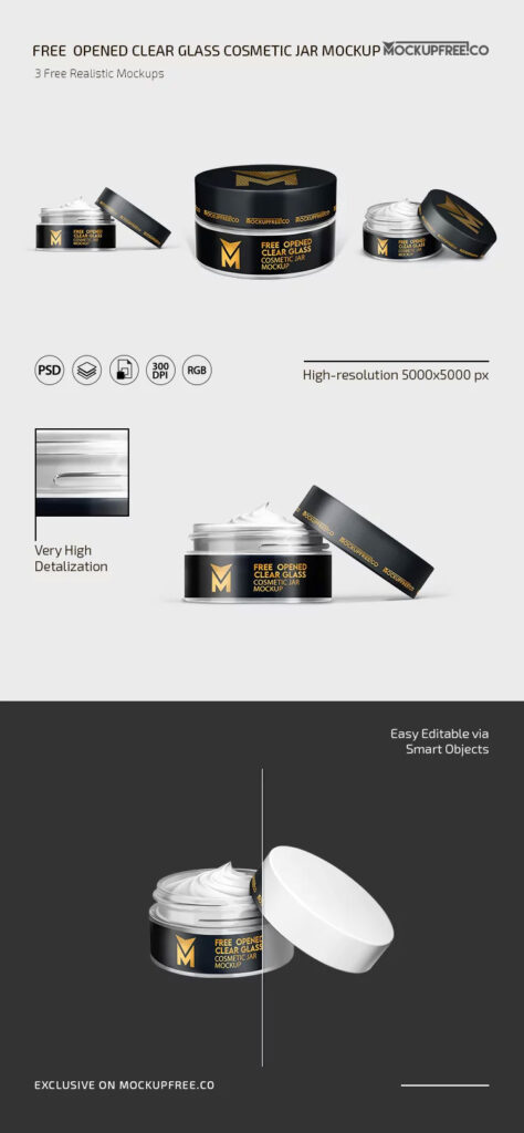 3 Visions of Opened Clear Glass Cosmetic Jar Mockup