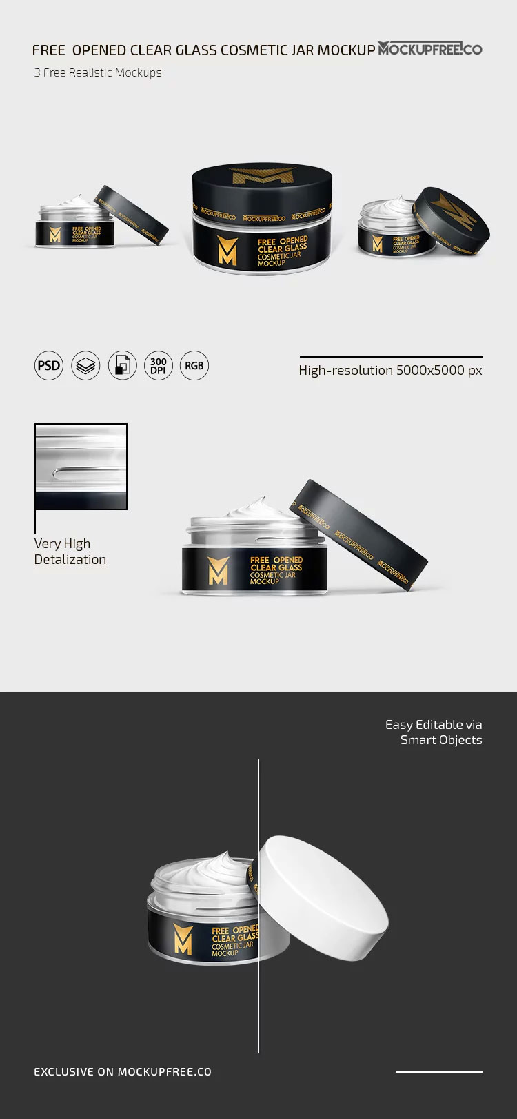 Free 3 Visions of Opened Clear Glass Cosmetic Jar Mockup PSD Template