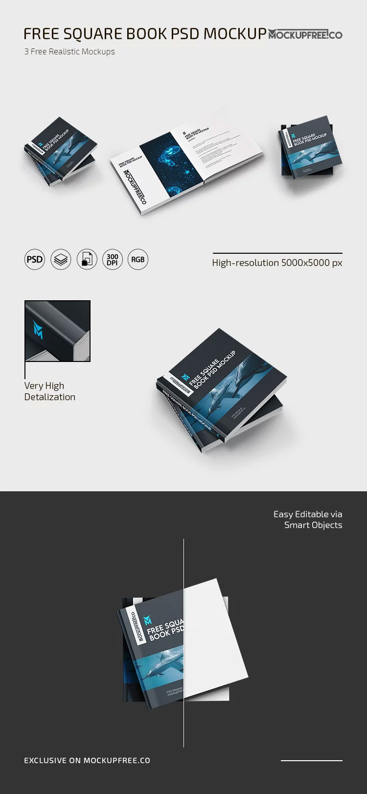 Free 3 Visions of Square Book Mockup PSD Template