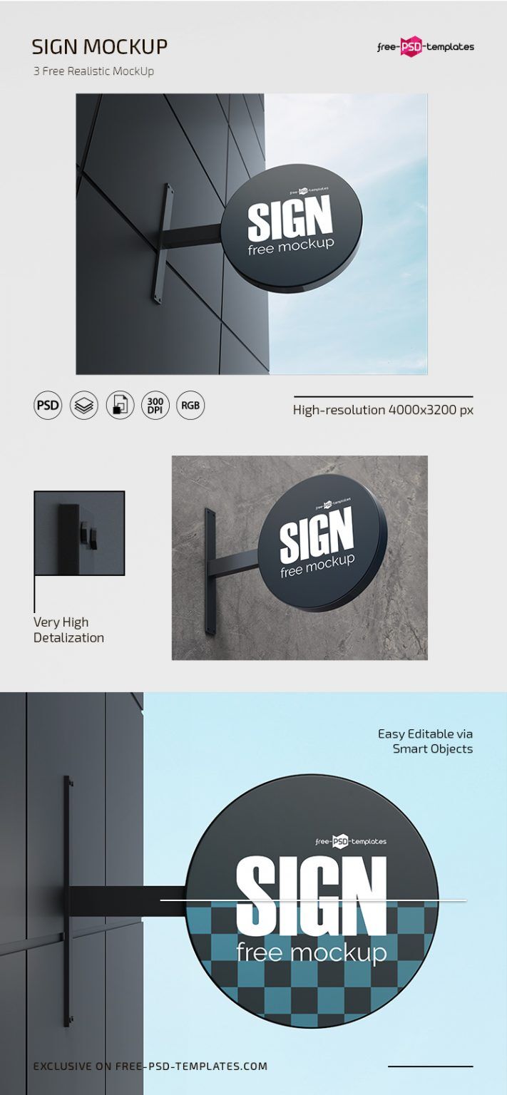 3 Wall-mounted Round Sign Mockups FREE PSD
