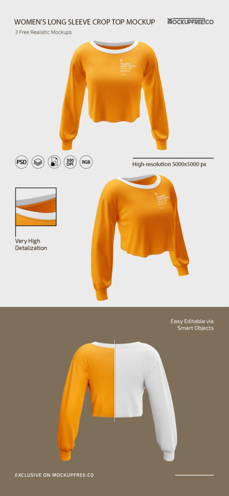 3 Women’s Long Sleeve Crop Top Mockups in Different Angles