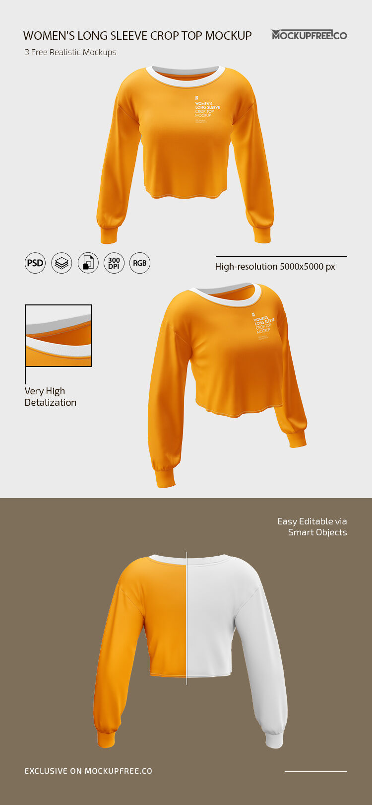 3 Women's Long Sleeve Crop Top Mockups in Different Angles FREE PSD